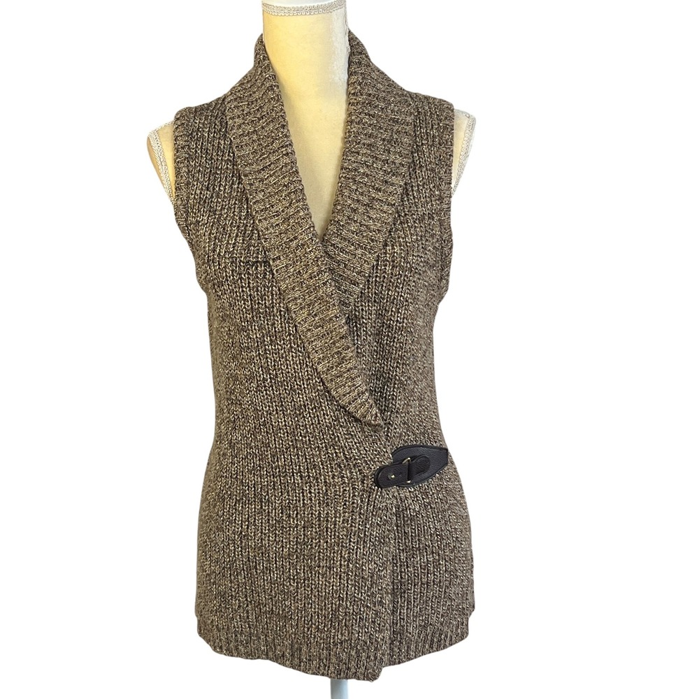 Charter Club Women Vest Petite Brown Metallic Marl Wrap Sweater Shawl Buckle P/M